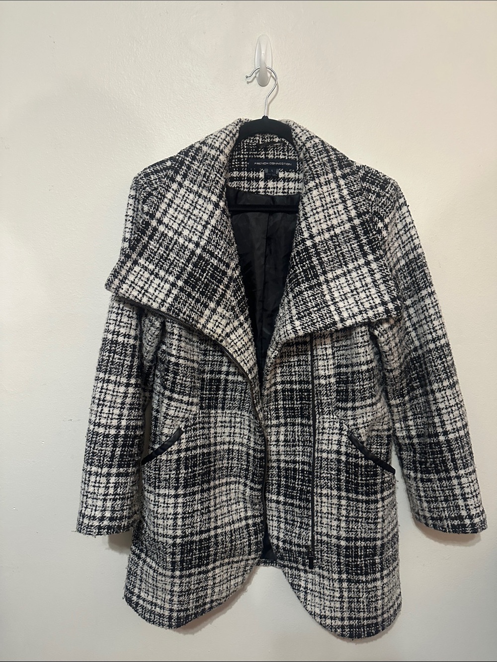 French Connection Black & White Plaid Draped Pea Coat